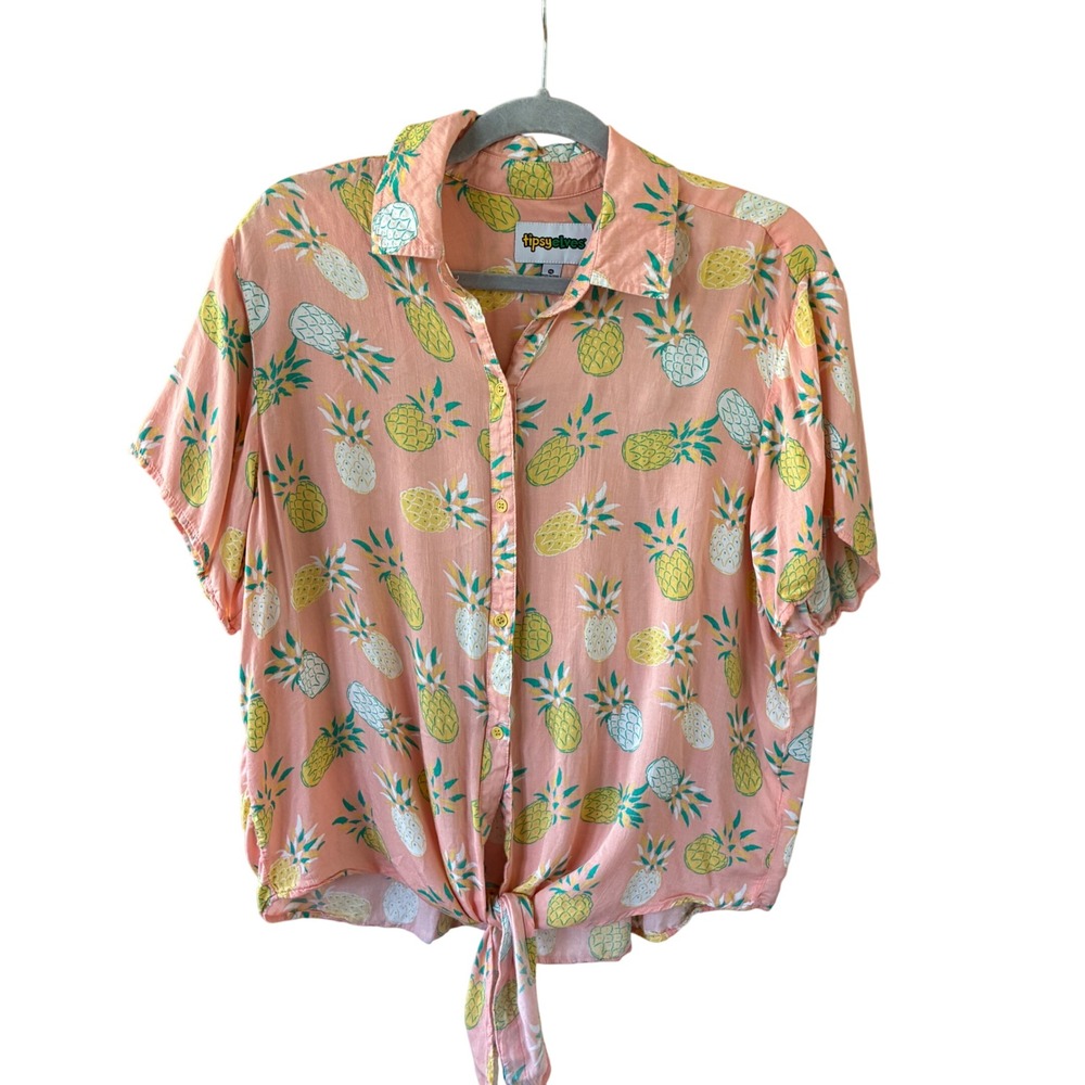 Tipsy Elves pins Colada Pineapple Button Down Shirt Womens XL Peach Tie Front